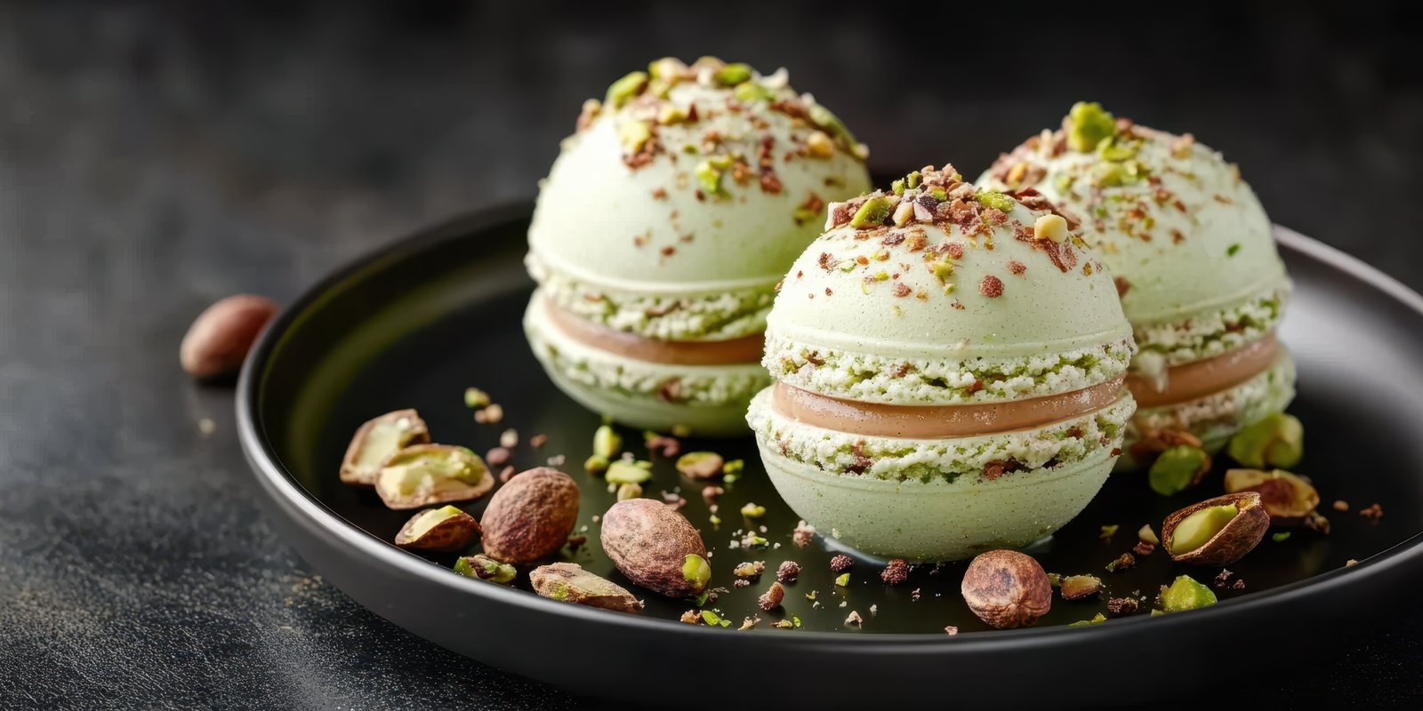 Elegant green macarons garnished with pistachios served on a black plate in a modern dessert presentation